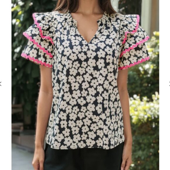 Entro Floral Contrast Ric Rac Layered Ruffle Sleeve Blouse Medium - Picture 1 of 5